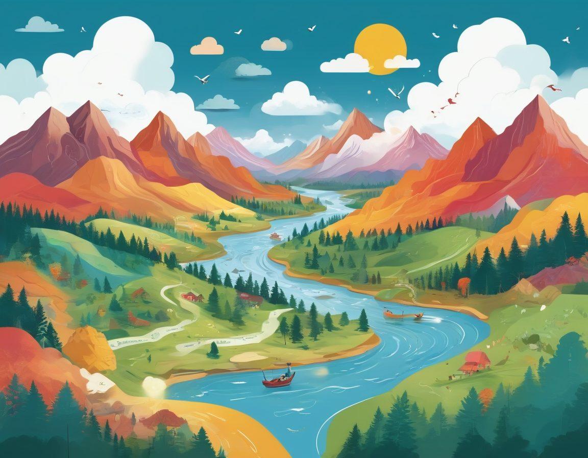 A whimsical map of the blogosphere, filled with vibrant pathways leading to various storytelling themes and editorial topics. Include diverse characters exploring different terrains, such as a forest of words, a river of ideas, and mountains of insights. The background features a bright sky with clouds shaped like speech bubbles. Emphasize creativity and adventure in the blogging journey. vibrant colors. vector art.
