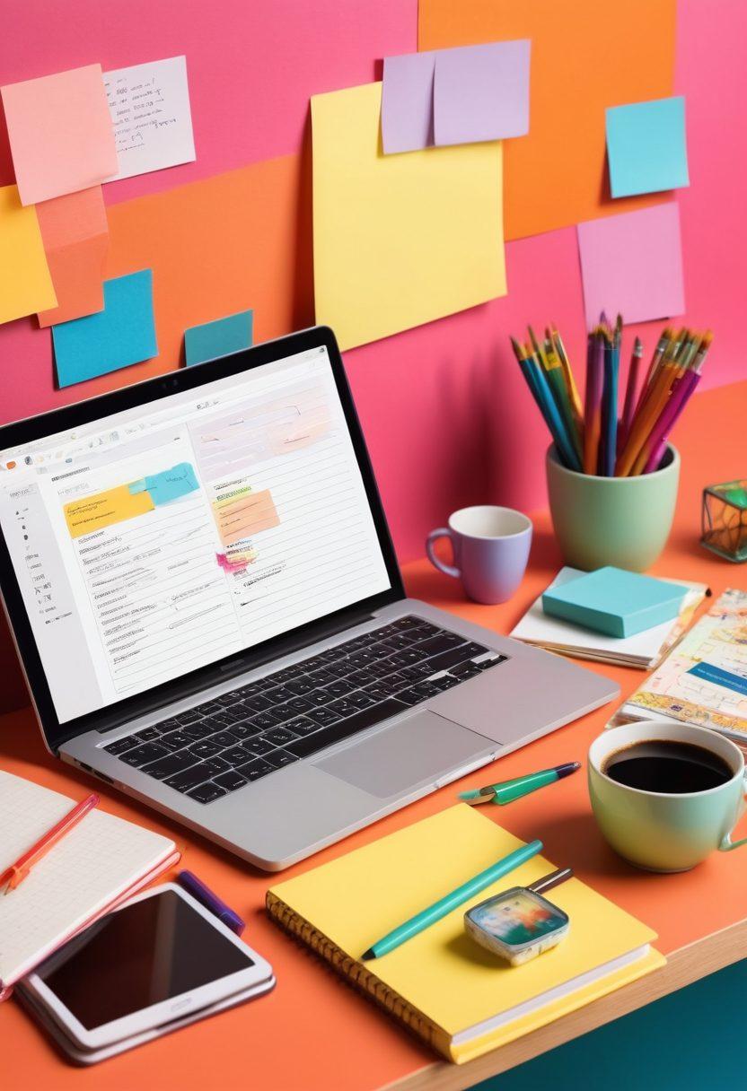 A vibrant digital workspace filled with colorful notebooks, a laptop displaying an open blog page, and a steaming cup of coffee. Include elements of creativity like paintbrushes, a camera, and scattered ideas on sticky notes. The background should merge technology and art, symbolizing the fusion of writing and creativity in blogging. super-realistic. vibrant colors. modern aesthetic.